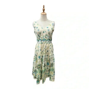 Maggy London Sleeveless V-neck A-line Ivory and Green Floral Dress Size 8